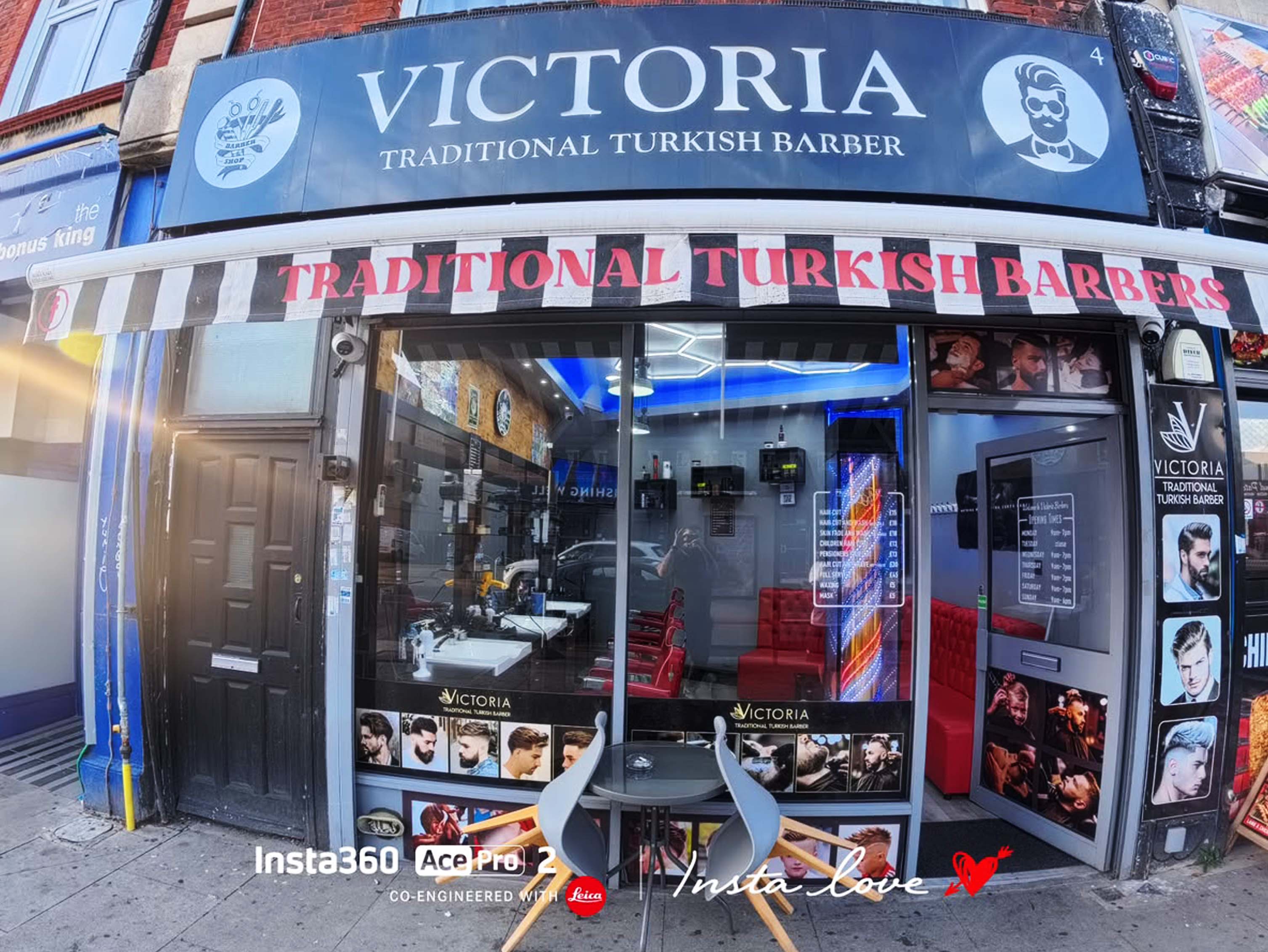 Victoria Barbers interior with hexagon lighting